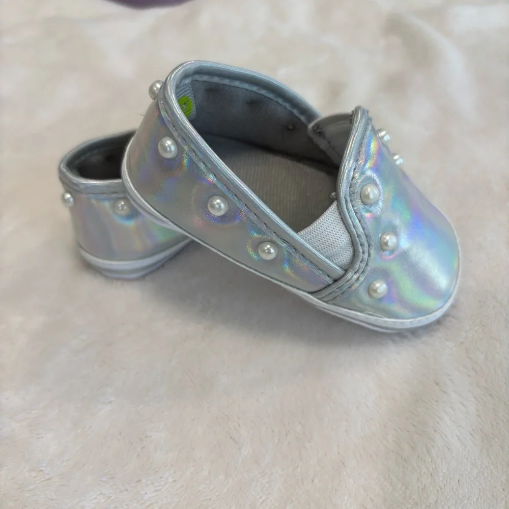 First steps metallic silver shoes with pearls 9-12 months